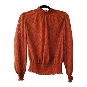 Ophelia Roe Top Womens Red Orange Blouse Smock High Neck Long Sleeve Medium